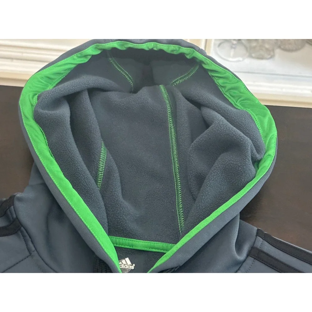 Adidas Hoodie 3-Stripe Fleece Pullover Gray Neon Green Mens XL